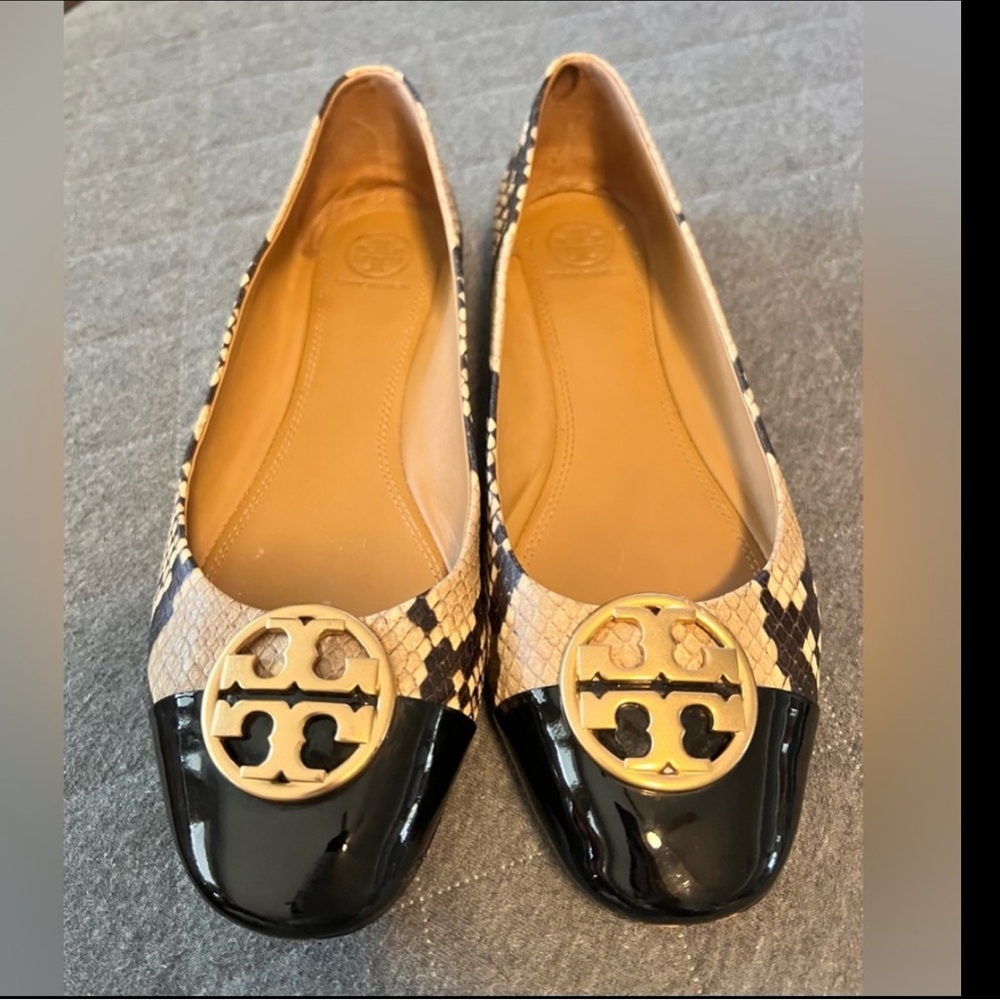 Tory Burch 8.5 Chelsea Snakeskin Cap Toe Leather Black Ballet Flats Orig $268
